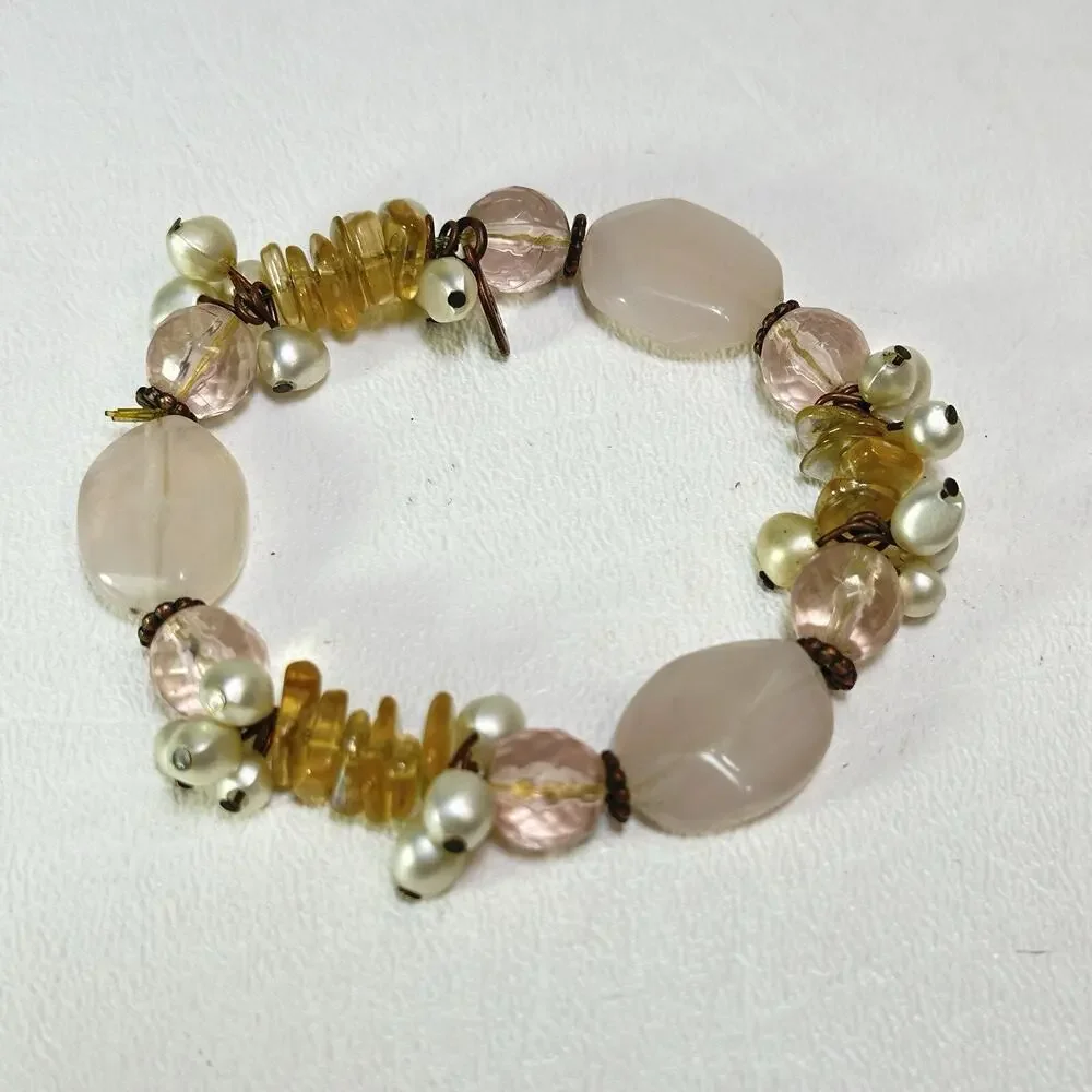 Vintage Cookie Lee Bracelet Chunky Dangle Silver Tone Pink Beaded Strand Stretch